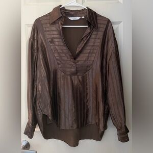 & Other Stories Oversized Satin Striped Blouse, Green/Brown, Size 4